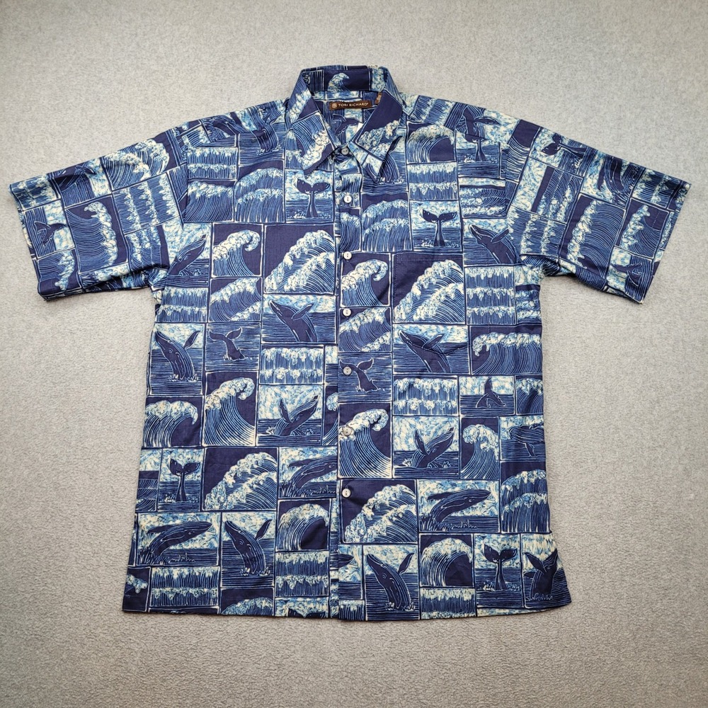 Tori Richard Button Up Mens Small Navy Blue Whale Wave Print Cotton Lawn Hawaii